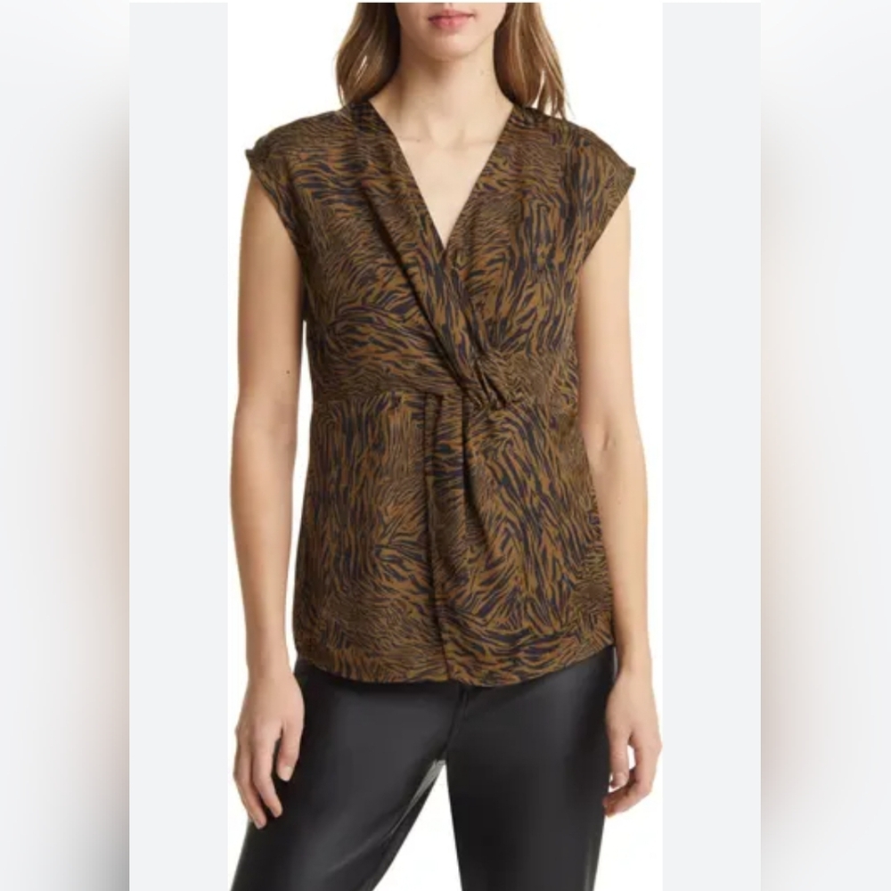 Halogen Twist Front Top Animal Print Olive and Black Sleeveless Size Small
